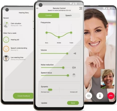 myPhonak App ekranları: işitme günlüğü, uzaktan kumanda ve görüntülü arama