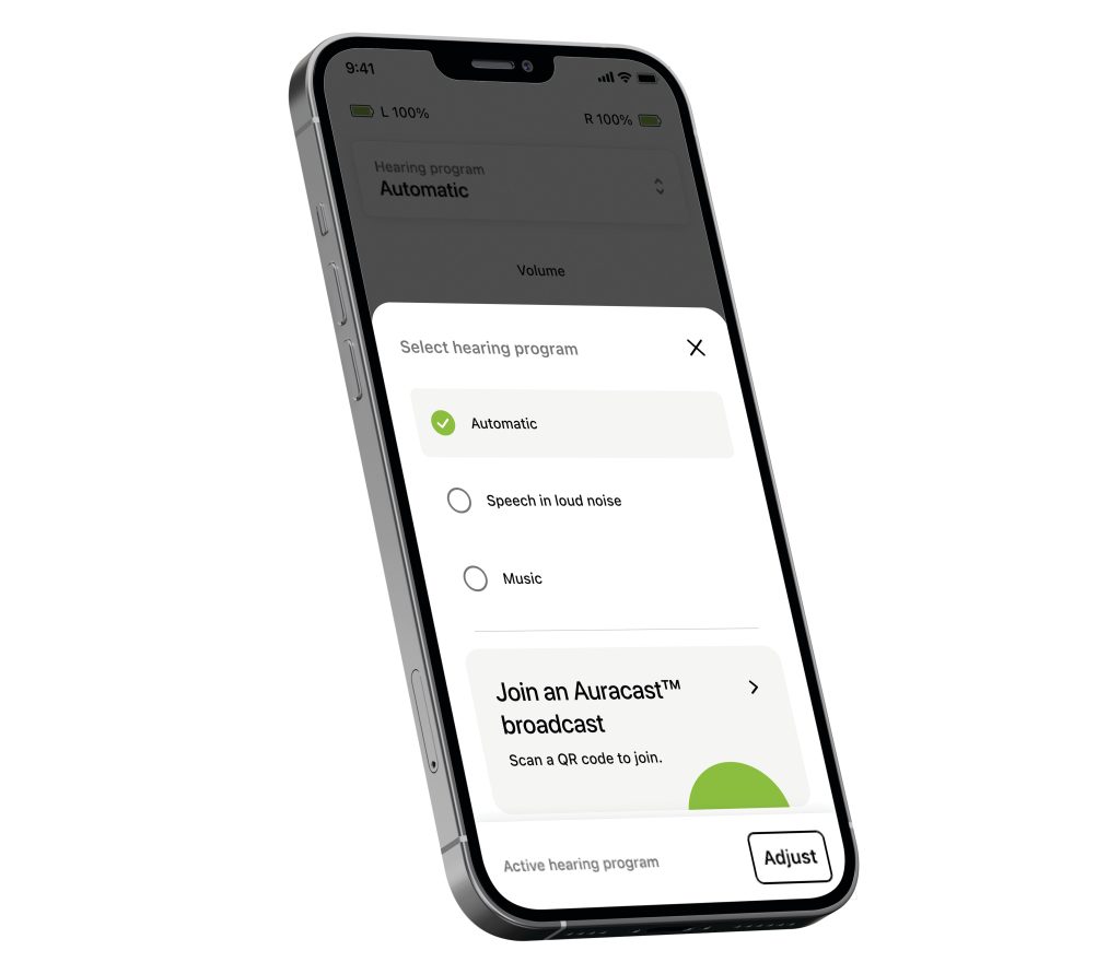myPhonak uygulamasında Auracast yayınına katılma ekranı ve Phonak Audéo EON R işitme cihazları